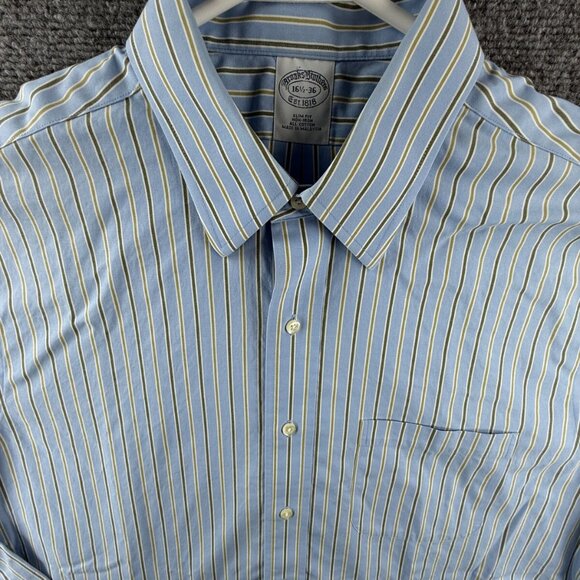 Brooks Brothers 16.5 36 Slim Fit Non Iron Striped Blue Button Up Point Collar - Picture 1 of 16